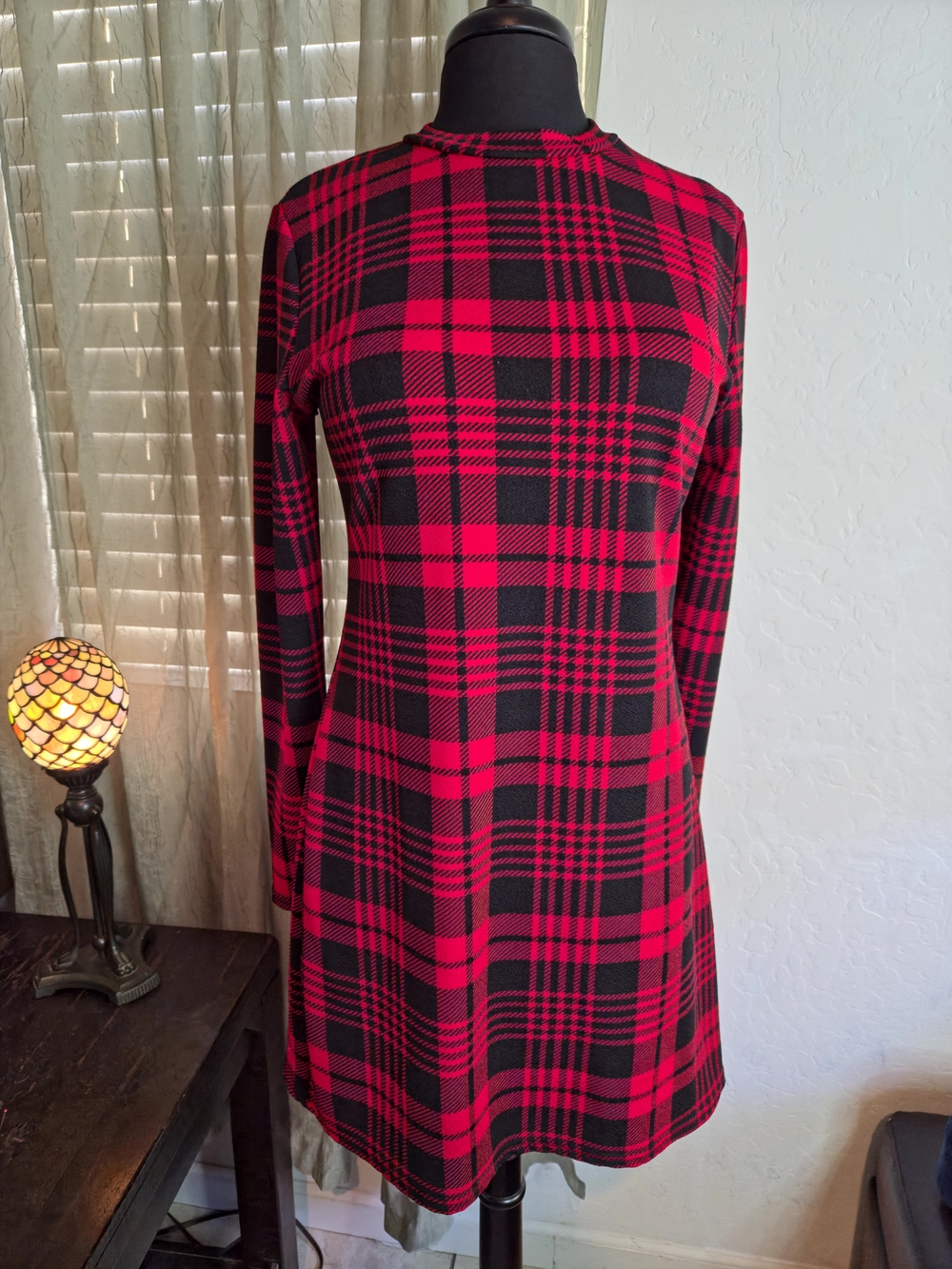 Red and Black Plaid Long-Sleeve Dress #0356